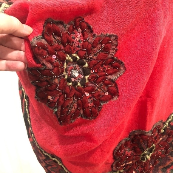 ANTHROPOLOGIE Feathers by Tolani Embellished Wool Bright Pink Scarf Shawl - Picture 2 of 14